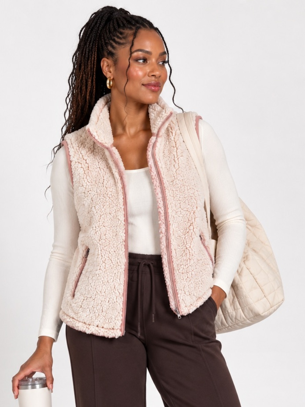 NWT Love Tree Cream Pink Sherpa Teddy Fleece Vest Large Cozy